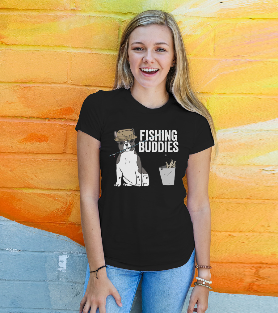 French Bulldog Fishing Buddies With Hat And Fish Bucket T-Shirt