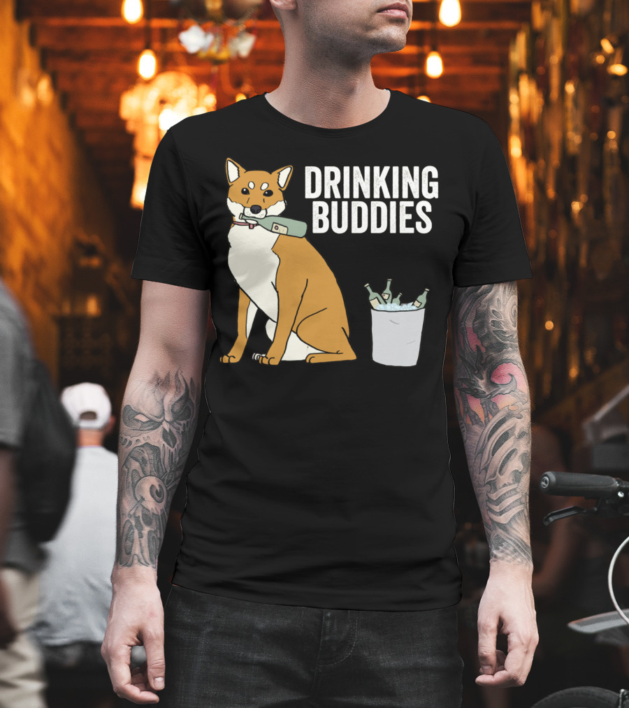 Shiba Inu with Ice Bucket and Bottles Drinking Buddies T-Shirt