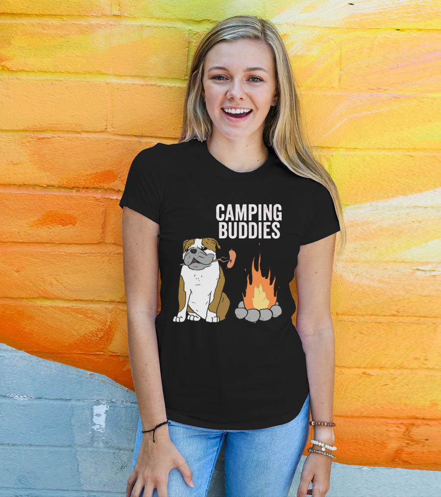 Bulldog Enjoying Campfire With Sausage And Camping Buddies T-Shirt