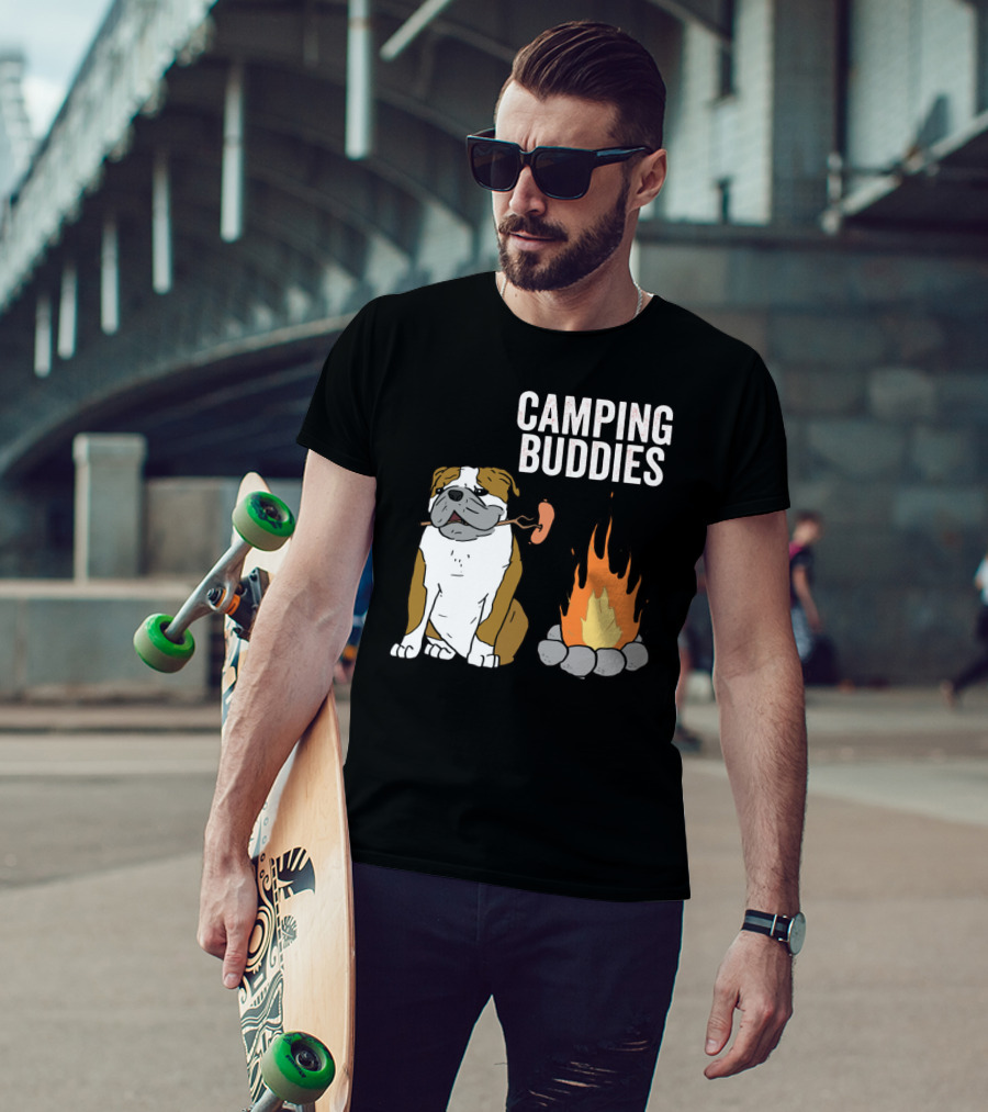 Bulldog Enjoying Campfire With Sausage And Camping Buddies T-Shirt