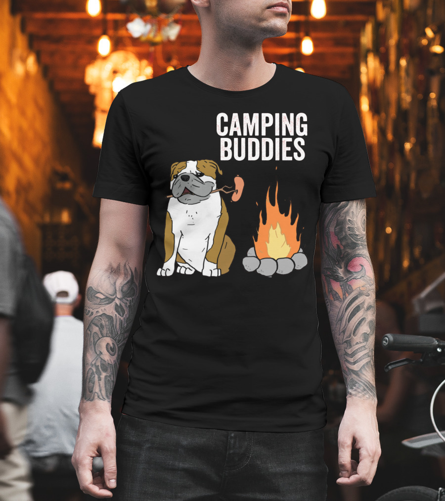 Bulldog Enjoying Campfire With Sausage And Camping Buddies T-Shirt