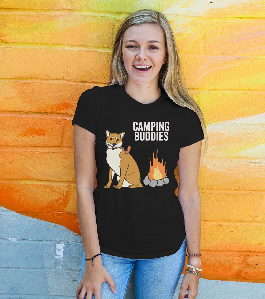 Camping Buddies Shiba Inu Roasting Sausage Near Campfire T-Shirt