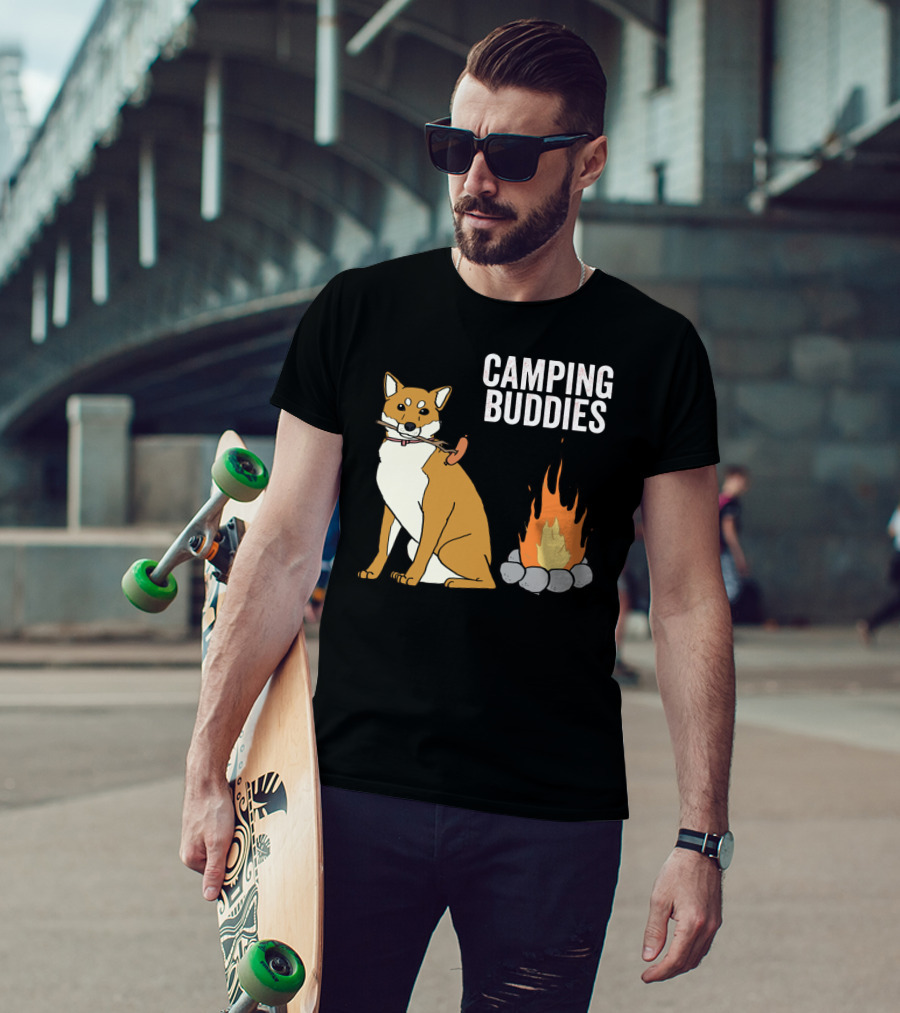 Camping Buddies Shiba Inu Roasting Sausage Near Campfire T-Shirt