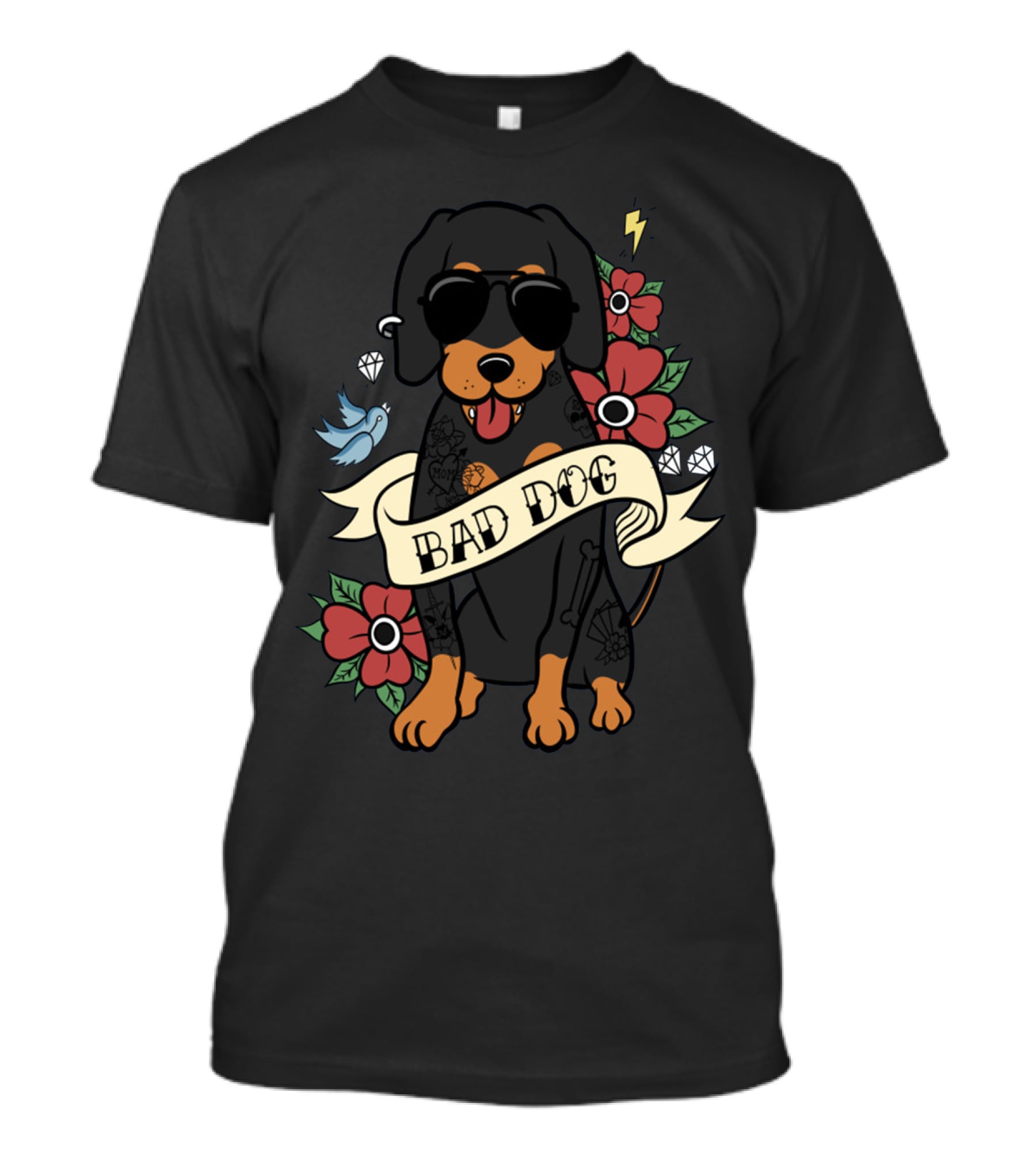 BAD DOG COOL DACHSHUND WITH SUNGLASSES AND TATTOOS SURROUNDED BY FLOWERS AND LIGHTNING T-Shirt