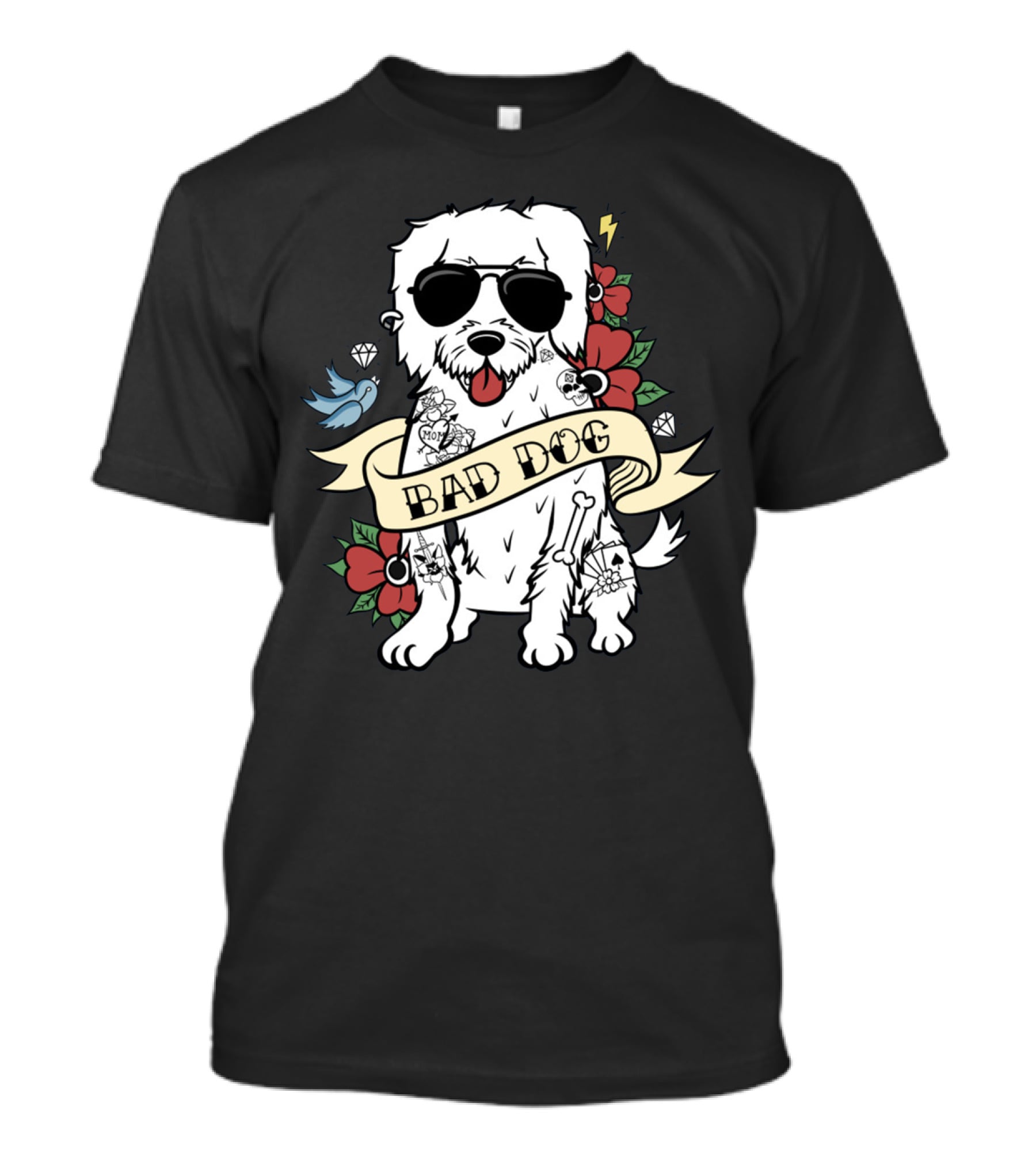 Maltese Bad Dog With Sunglasses And Tattoo Style Surrounded By Flowers And Diamonds T-Shirt