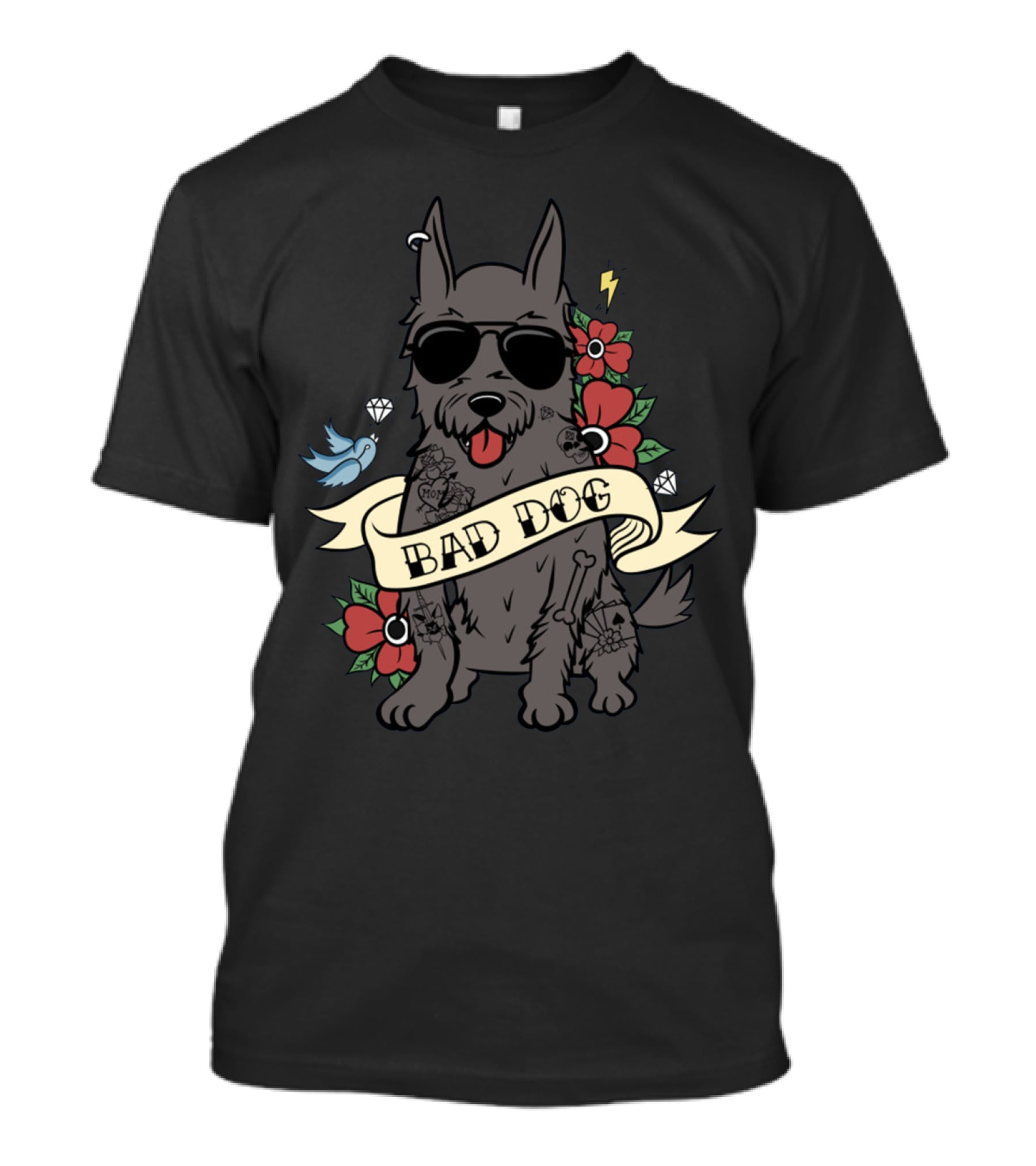 SCOTTIE BAD DOG Sunglasses Tattoo Diamond Red Flower Blue Bird Lightning T-Shirt