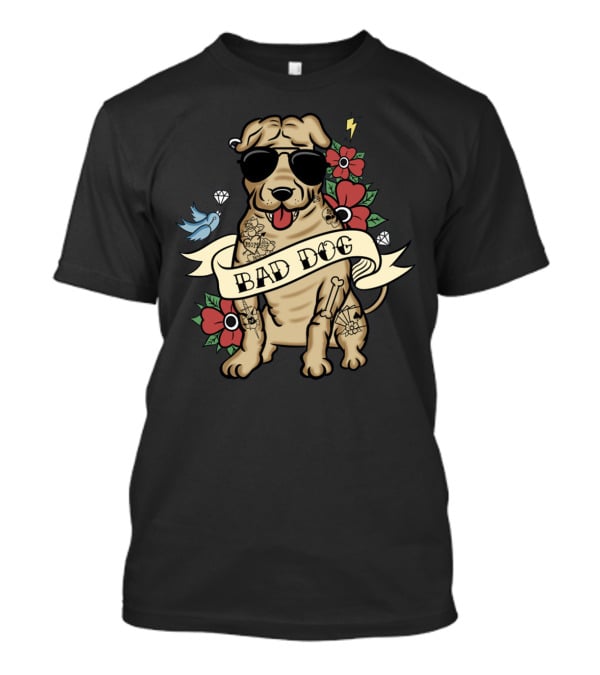 Shar Pei Bad Dog With Sunglasses Tattoos Flowers And Lightning T-Shirt