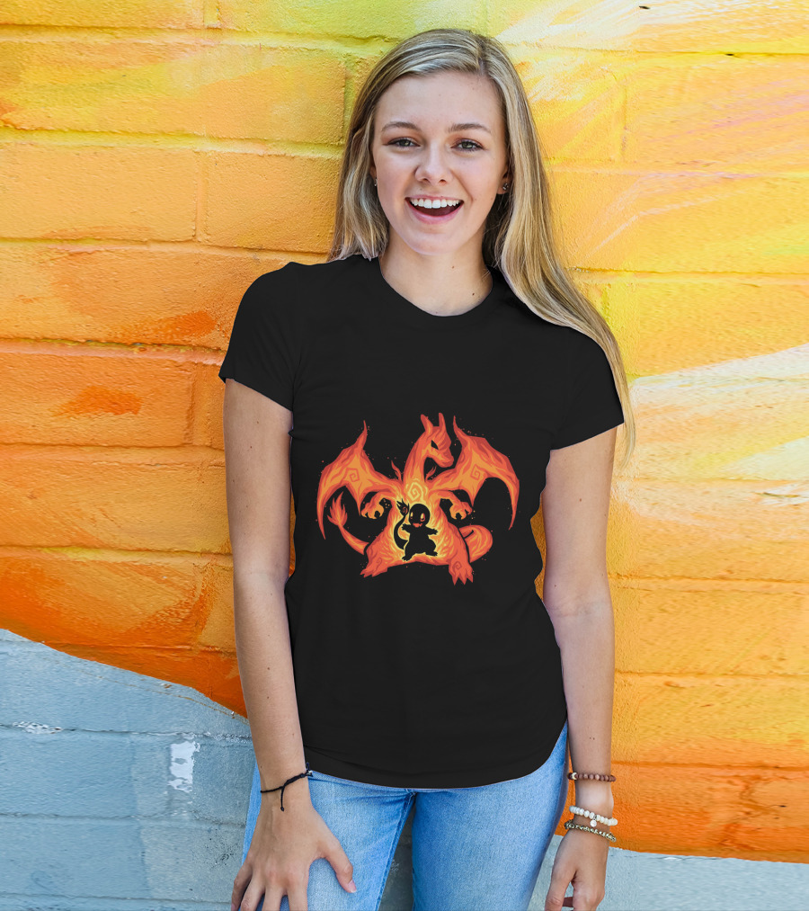 EVOLUTION CHARIZARD AND CHARMANDER POKEMON FIRE TRANSFORMATION T-Shirt