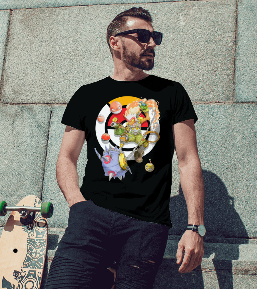 Pokemon X Overwatch Infernape And Junkrat Mashup With Pokeballs And Team Emblem T-Shirt
