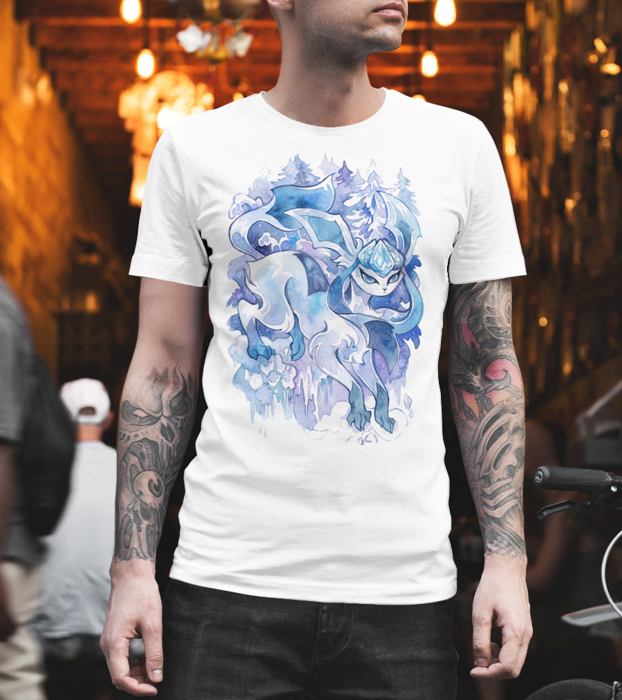 Watercolor Pokemon Glaceon Snowy Forest Background T-Shirt