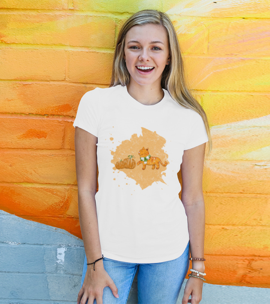 Kitty With Scarf And Pumpkins On Splash Background T-Shirt
