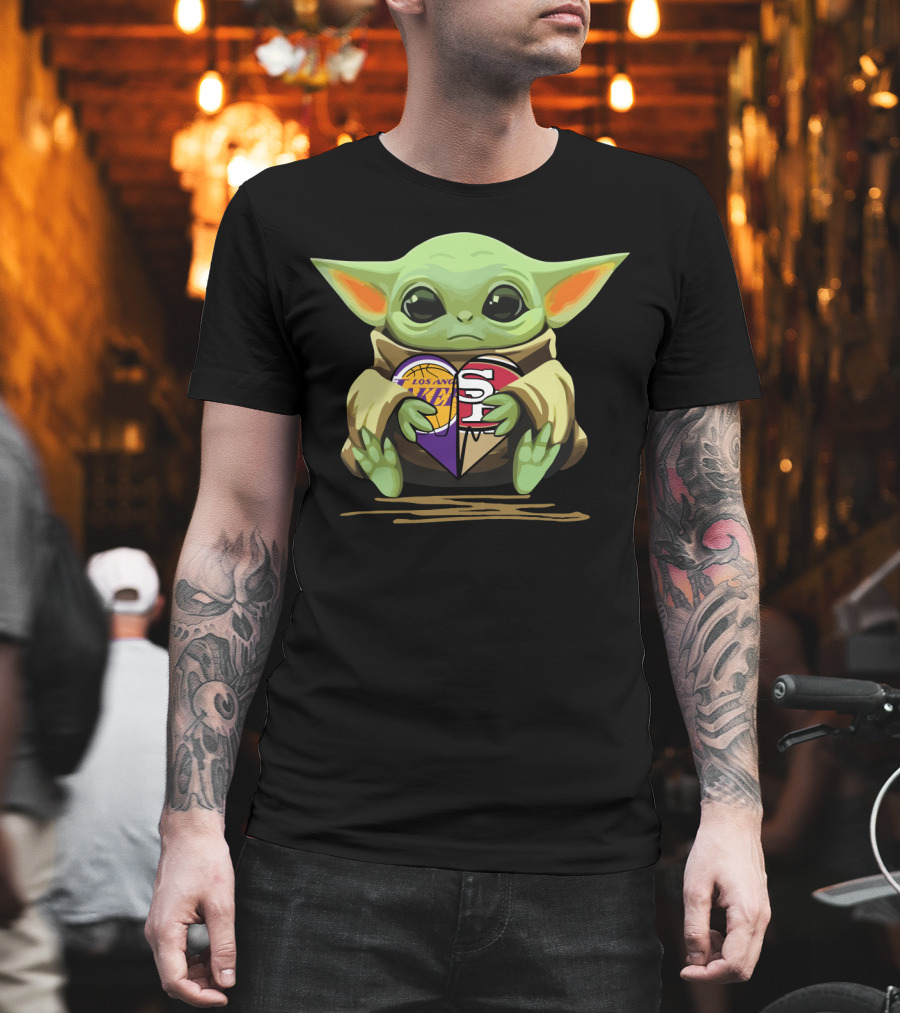Baby Yoda Holding Los Angeles Lakers San Francisco 49ers Heart T-Shirt