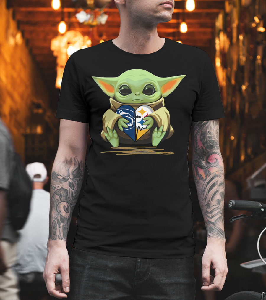 Baby Yoda Holding Steelers And Lions Heart Logo Fan Love T-Shirt