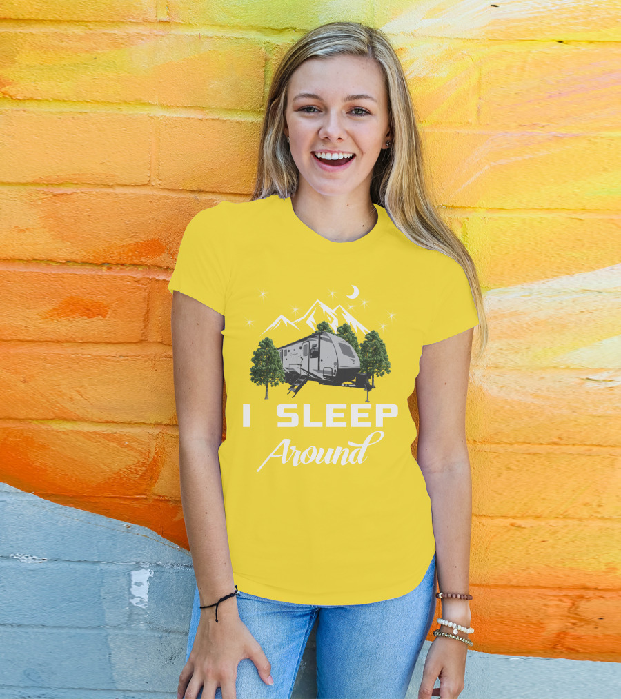 I SLEEP AROUND Forest River Surveyor Camper And Mountain Scene T-Shirt