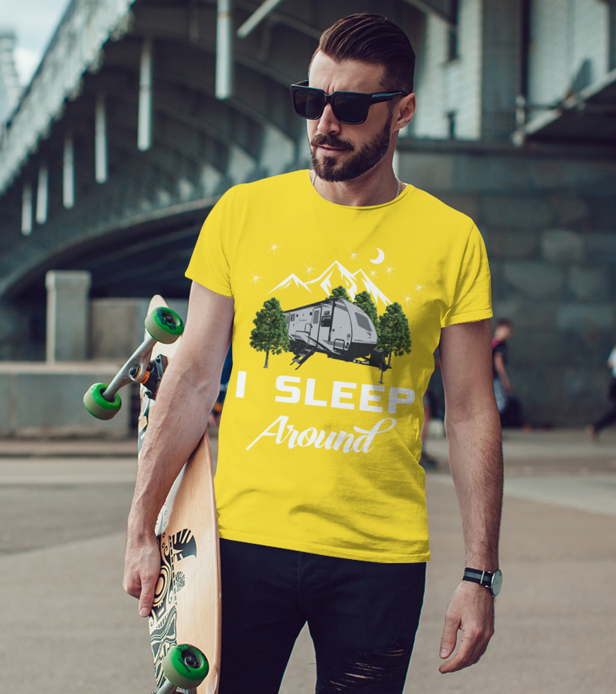 I SLEEP AROUND Forest River Surveyor Camper And Mountain Scene T-Shirt