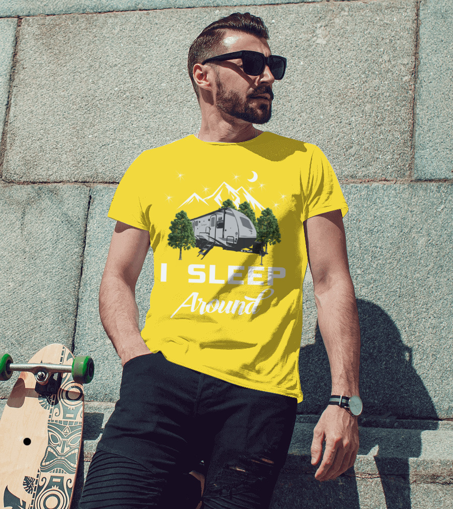 I SLEEP AROUND Forest River Surveyor Camper And Mountain Scene T-Shirt