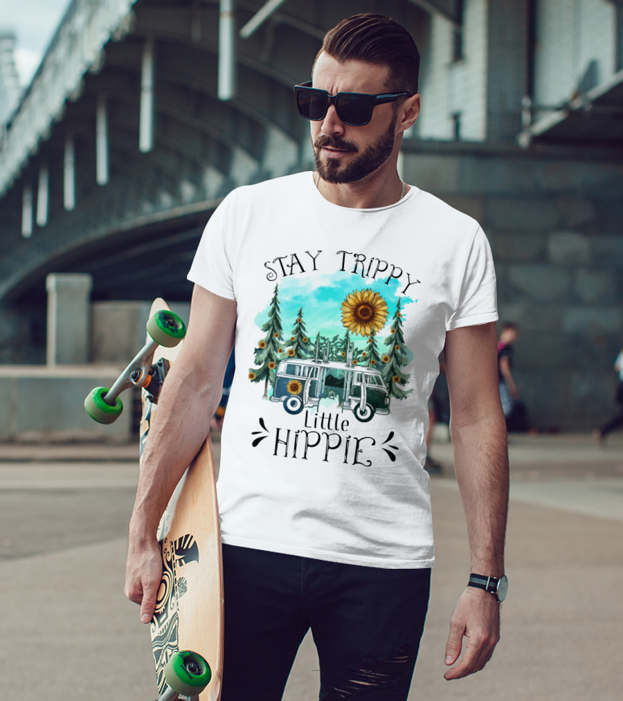Stay Trippy Little Hippie Sunflower Van Among Forest Pines T-Shirt