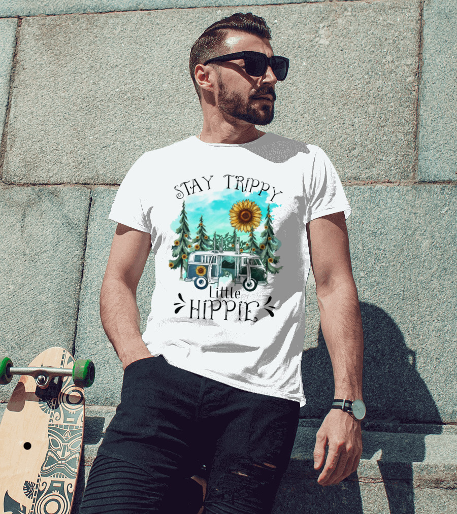 Stay Trippy Little Hippie Sunflower Van Among Forest Pines T-Shirt