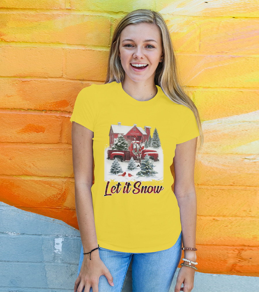 Let It Snow Cardinal Birds Red Tree Farm Holiday Scene T-Shirt