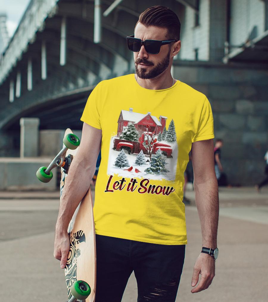 Let It Snow Cardinal Birds Red Tree Farm Holiday Scene T-Shirt