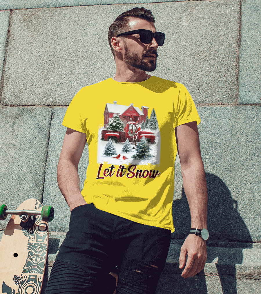 Let It Snow Cardinal Birds Red Tree Farm Holiday Scene T-Shirt