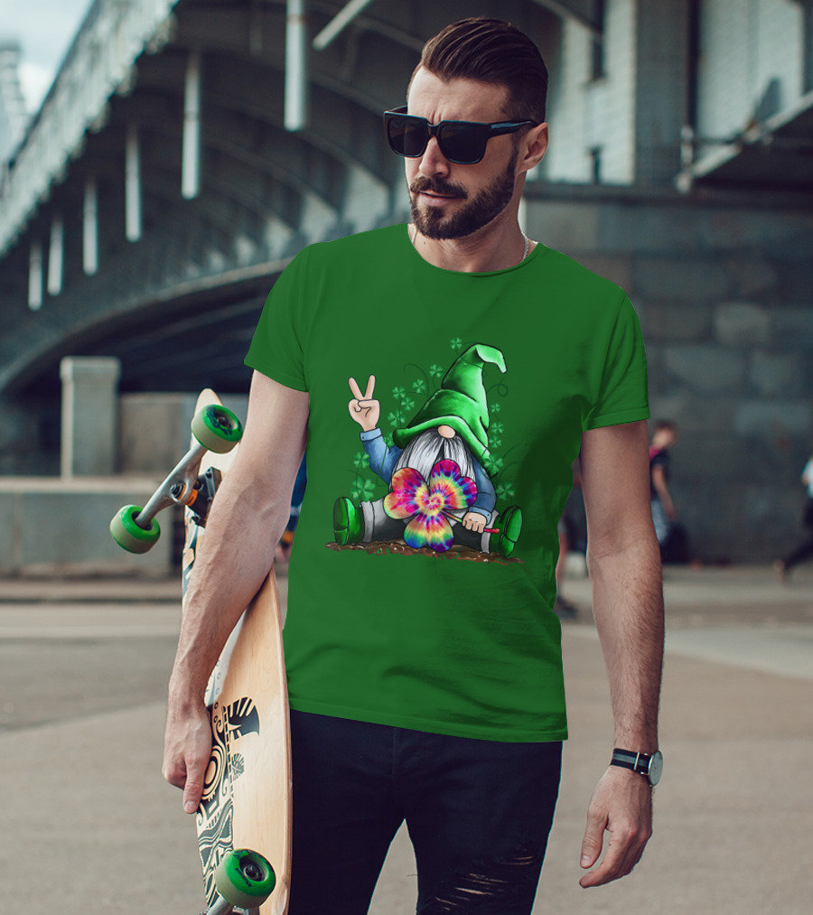 Hippie Gnome Irish With Tie-Dye Shamrock And Peace Sign T-Shirt