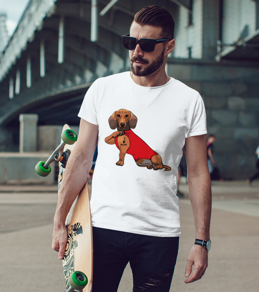 I Love Mom Dachshund Tattoo Puppy In Red T-Shirt