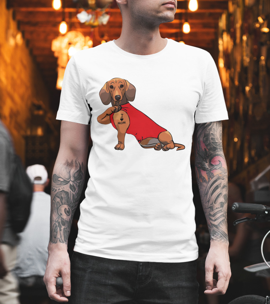 I Love Mom Dachshund Tattoo Puppy in Red T-Shirt