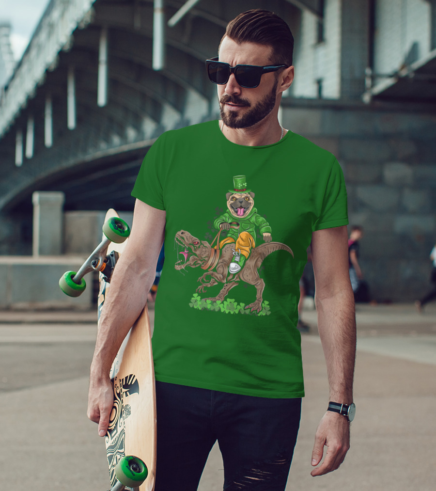 St Patricks Day Pug Puppy Riding Dinosaur Rex With Shamrocks And Leprechaun Hat T-Shirt