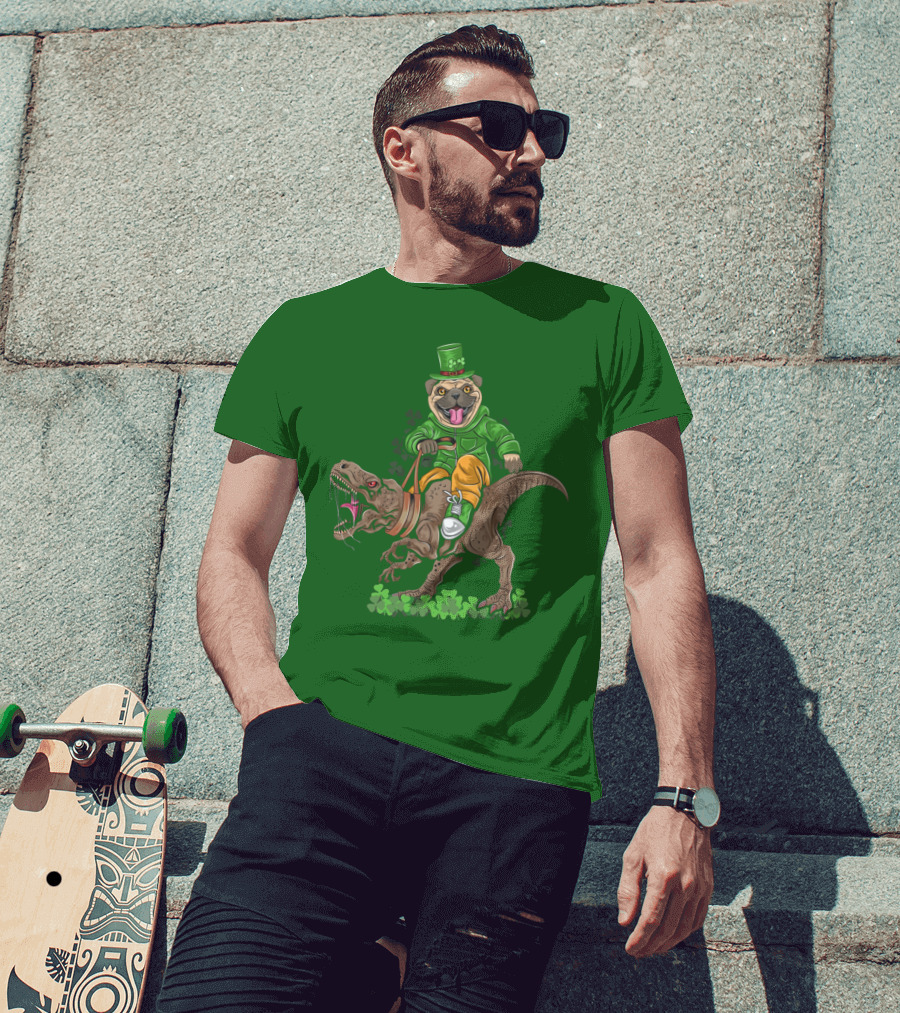 St Patricks Day Pug Puppy Riding Dinosaur Rex With Shamrocks And Leprechaun Hat T-Shirt