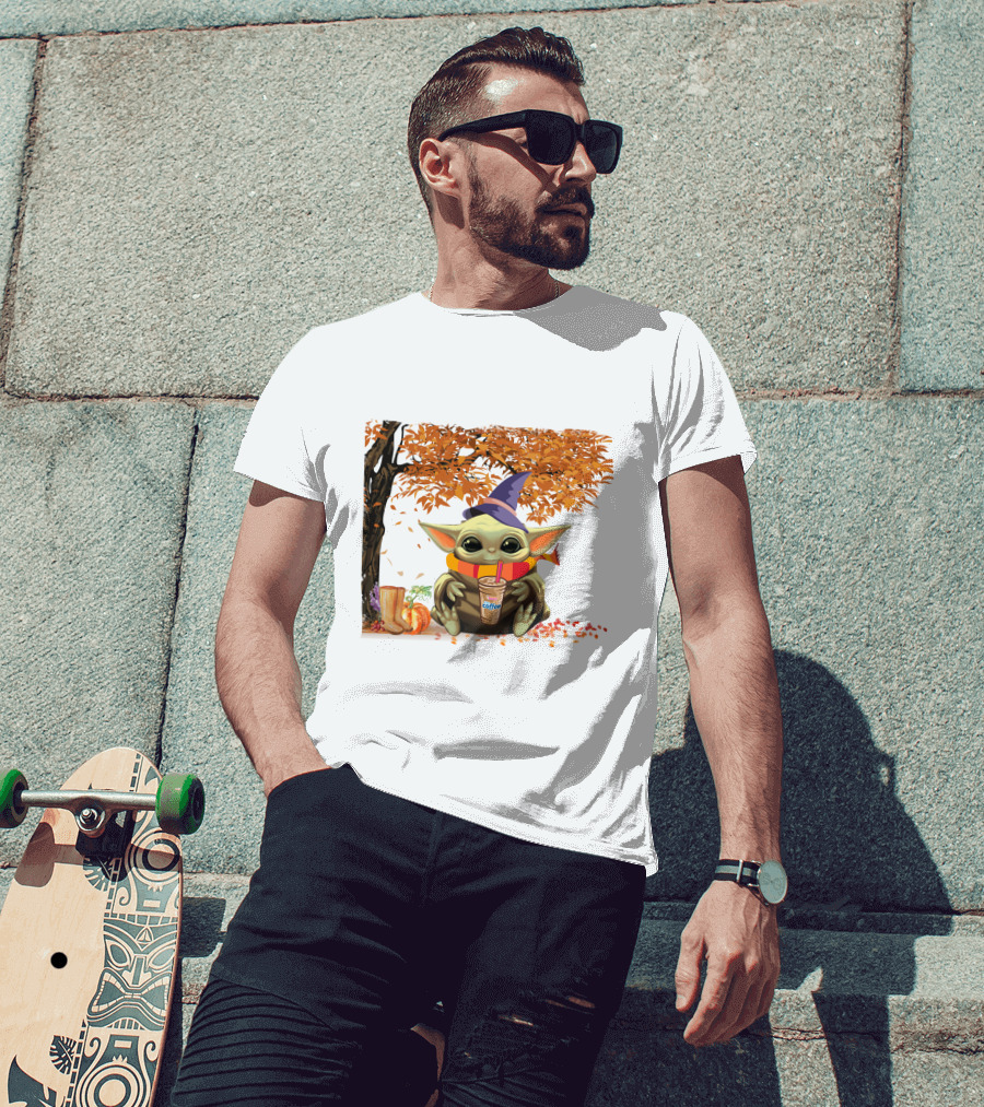 Baby Yoda Autumn Magic Coffee Hug Halloween Wizard Hat Scarf Pumpkin Leaves T-Shirt