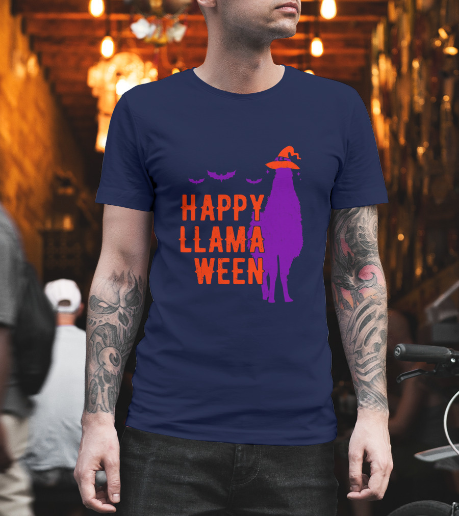 Happy Llamaween Llama Halloween Bat Witch Hat T-Shirt