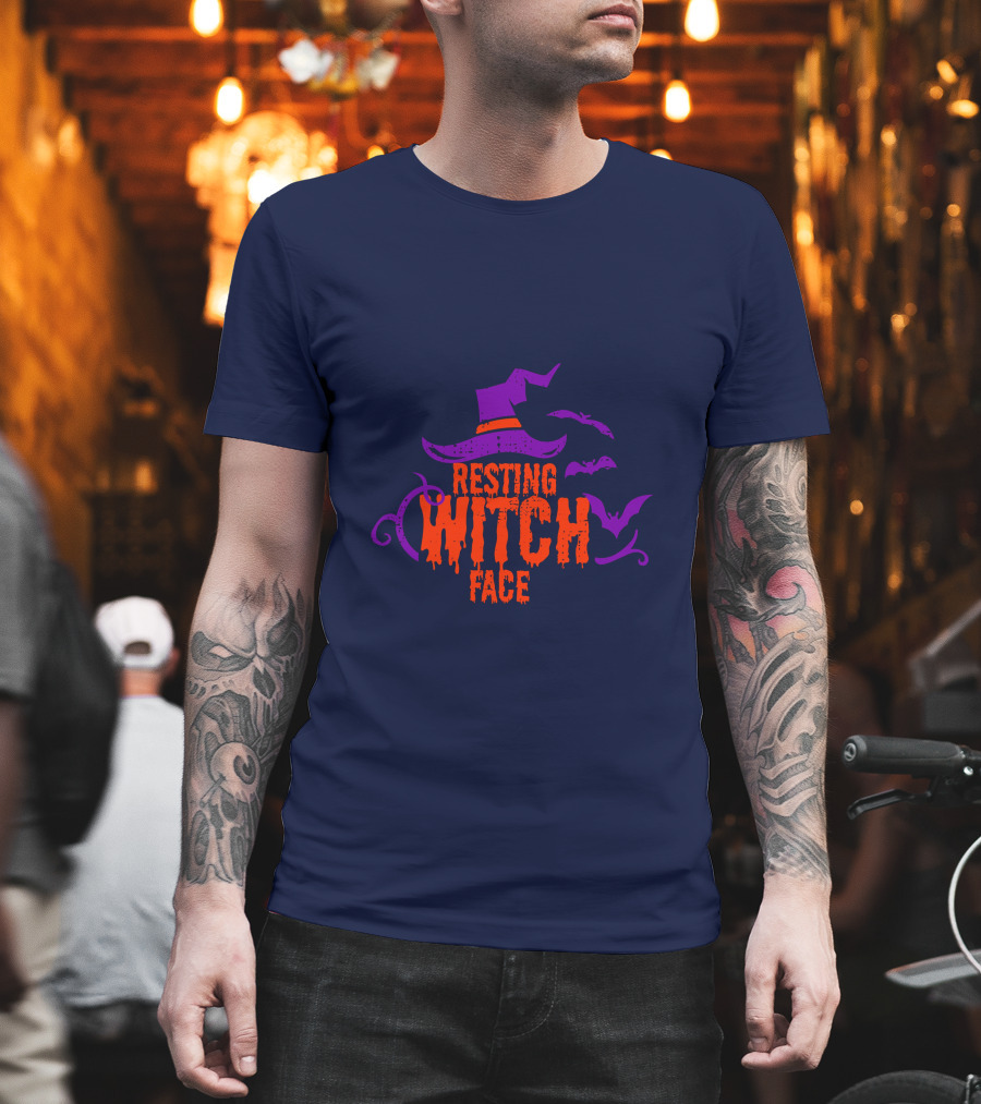Resting Witch Face Witch Hat Bats Halloween T-Shirt