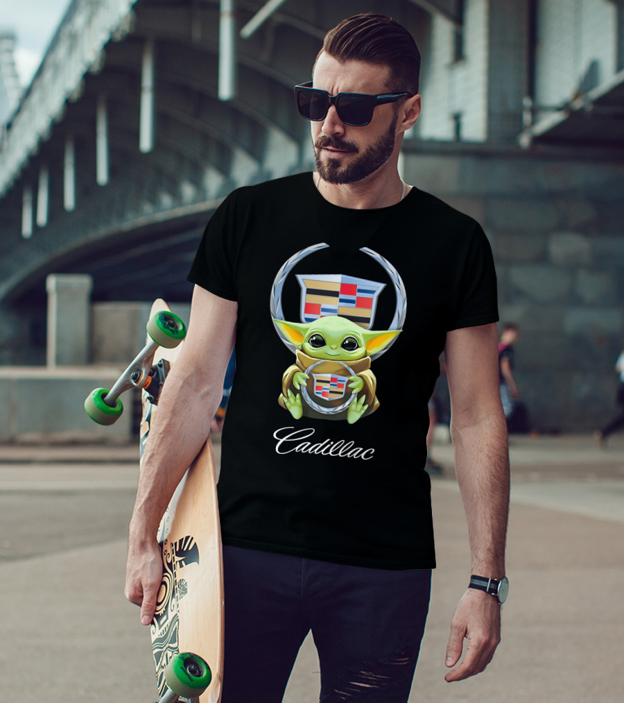 Baby Yoda Holding Cadillac Emblem T-Shirt