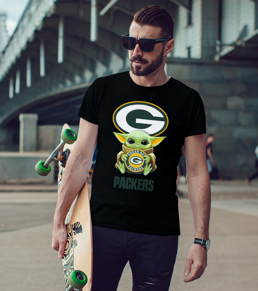Baby Yoda With Green Bay Packers Symbol And Text T-Shirt