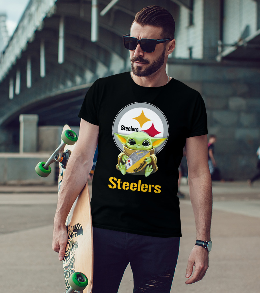 Star Wars Baby Yoda Hugging Pittsburgh Steelers Football T-Shirt