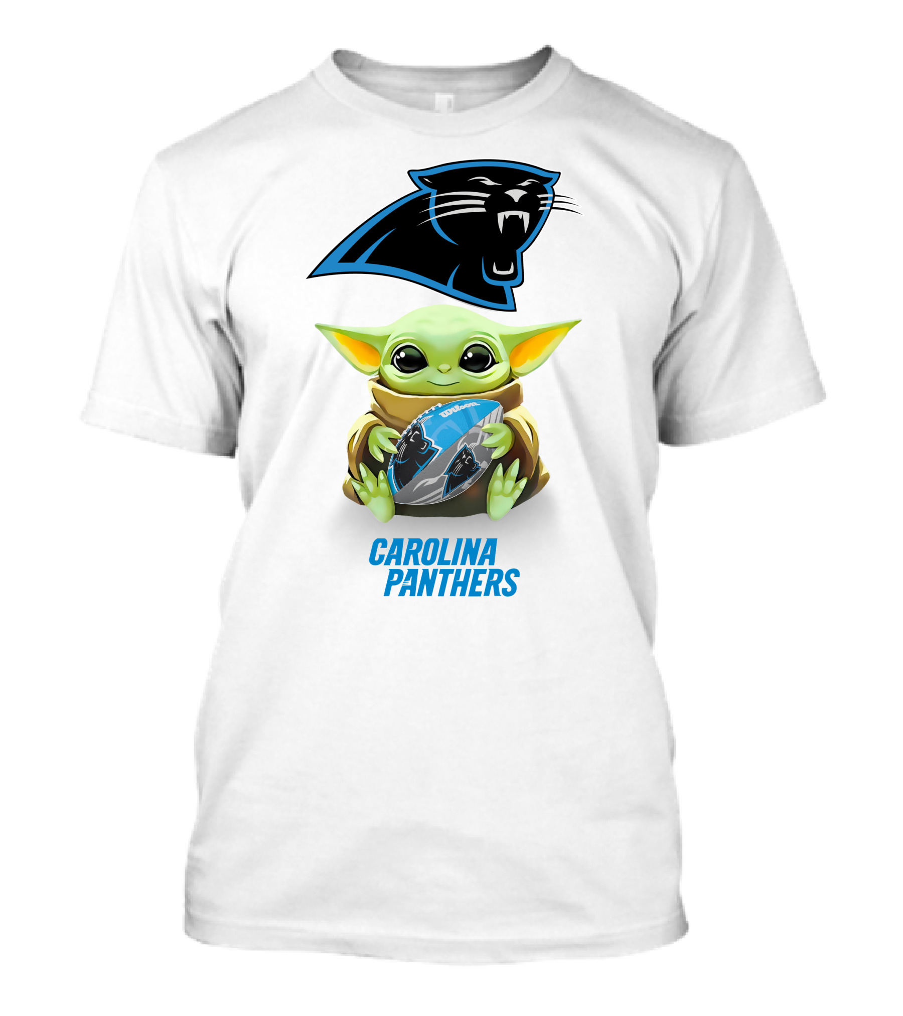 Baby Yoda Holding Carolina Panthers Football T-Shirt