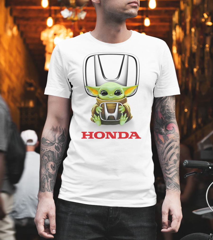 Baby Yoda Embrace With Honda Logo On White T-Shirt