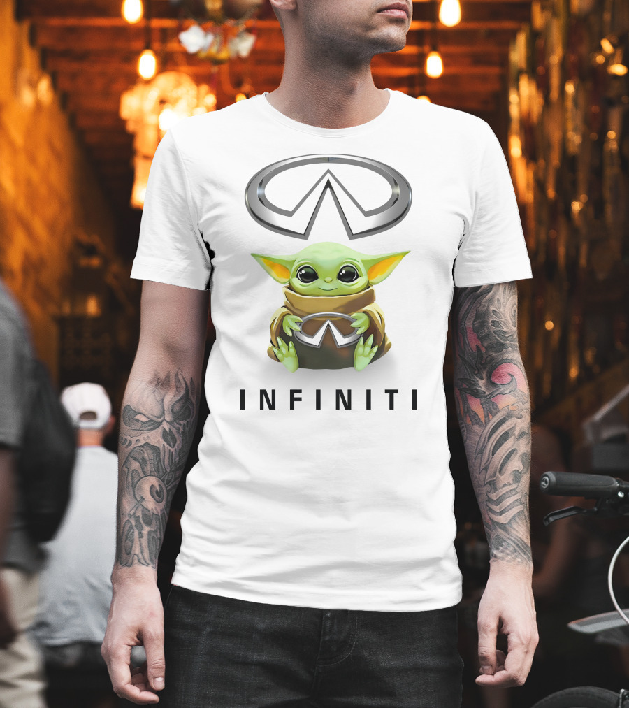Baby Yoda Holding Infiniti Logo Hugging Symbol T-Shirt