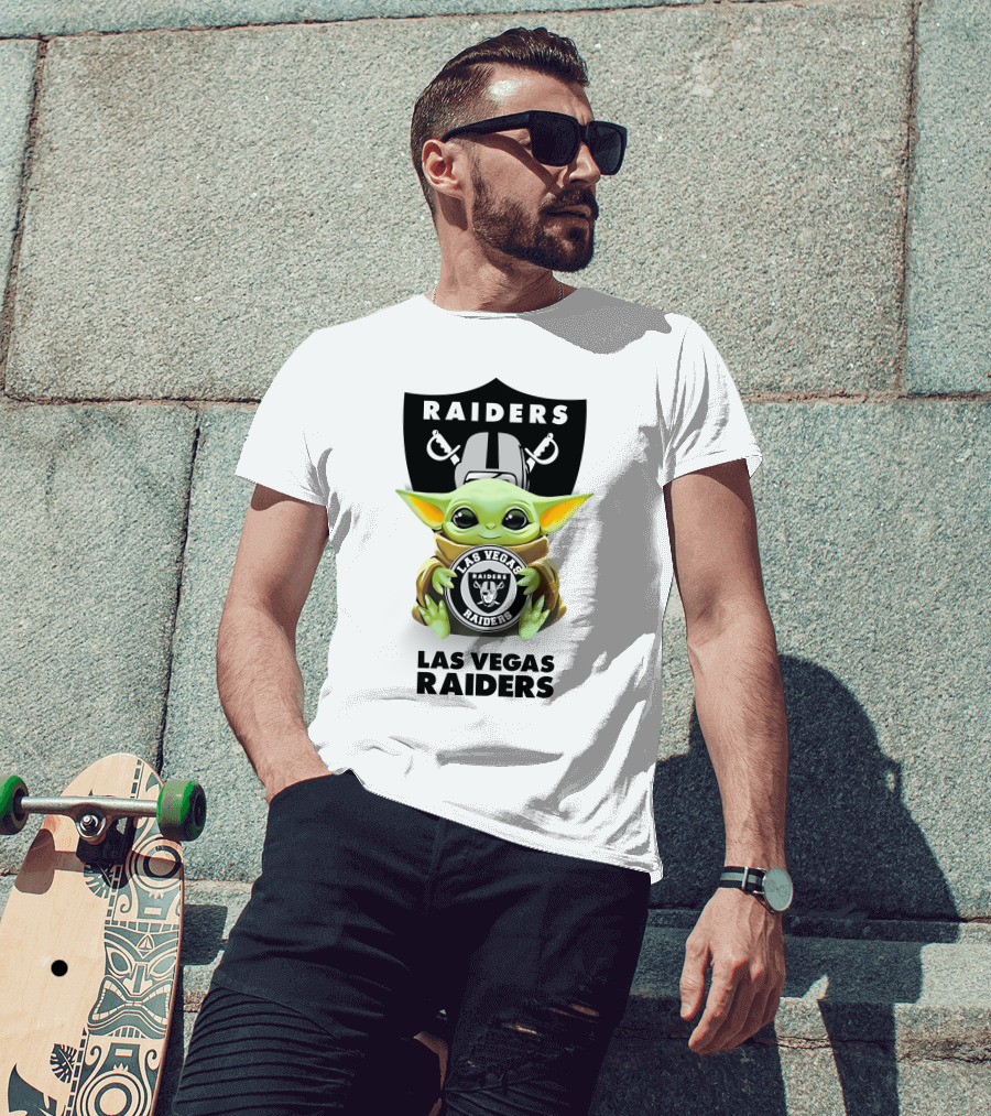 Baby Yoda Holding Las Vegas Raiders Emblem With Team Logo And Name T-Shirt