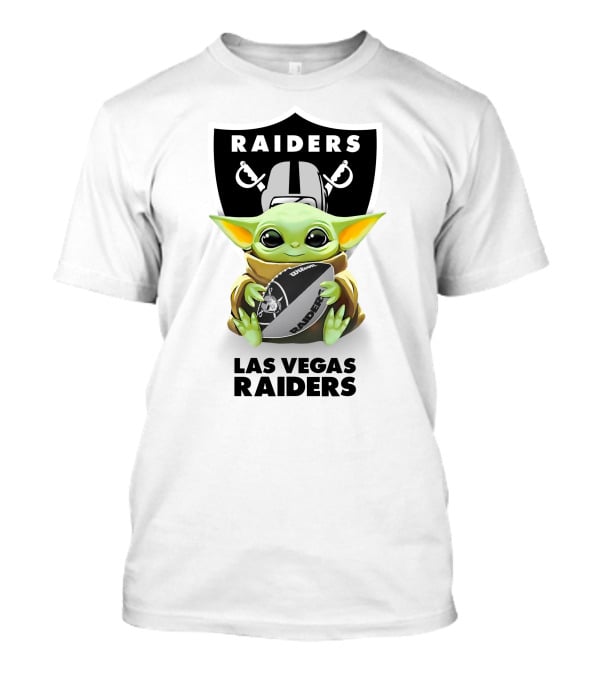 Baby Yoda Hugging Las Vegas Raiders Football Logo Fan Tailgate White T-Shirt