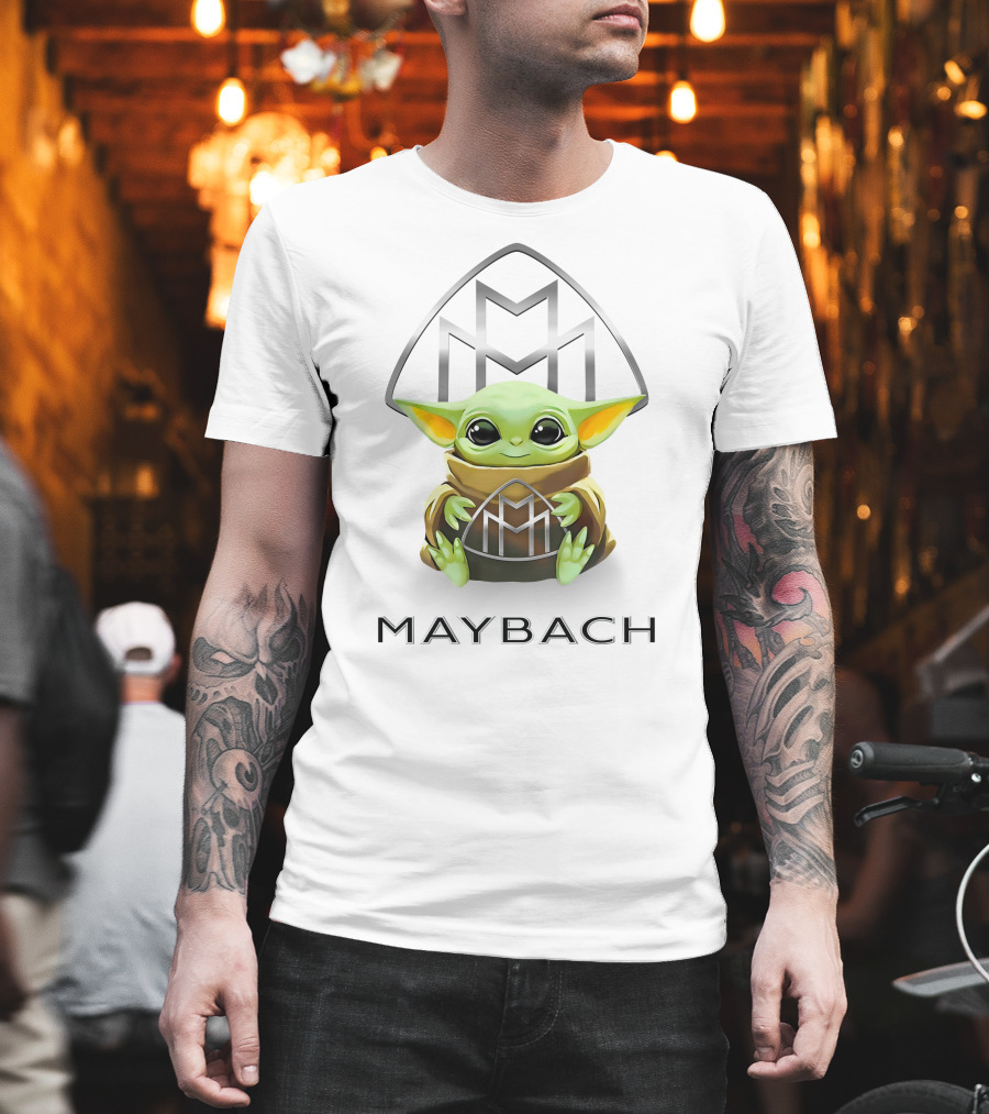 Baby Yoda Holding Maybach Emblem In White T-Shirt