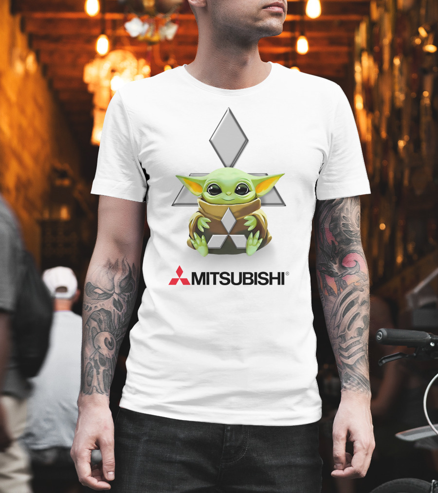 Baby Yoda Hug Mitsubishi Logo White T-Shirt