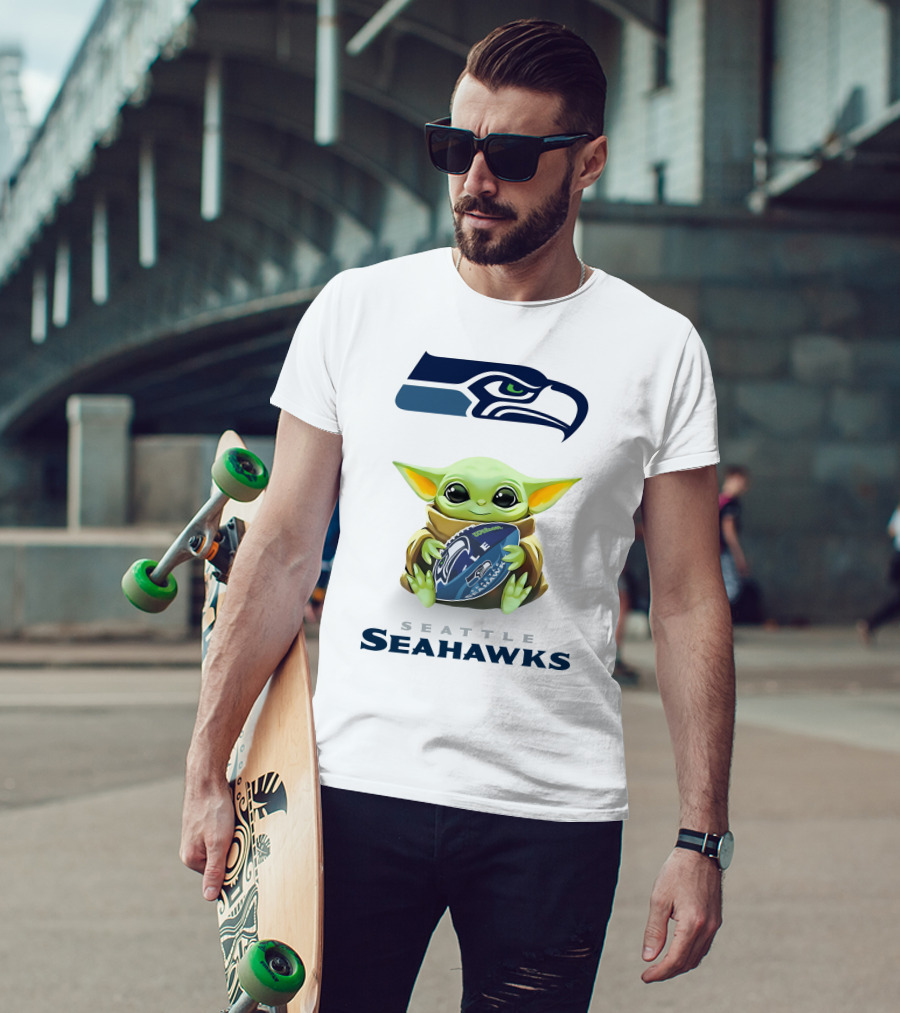 Baby Yoda Seattle Seahawks Football Hug Tailgate White T-Shirt