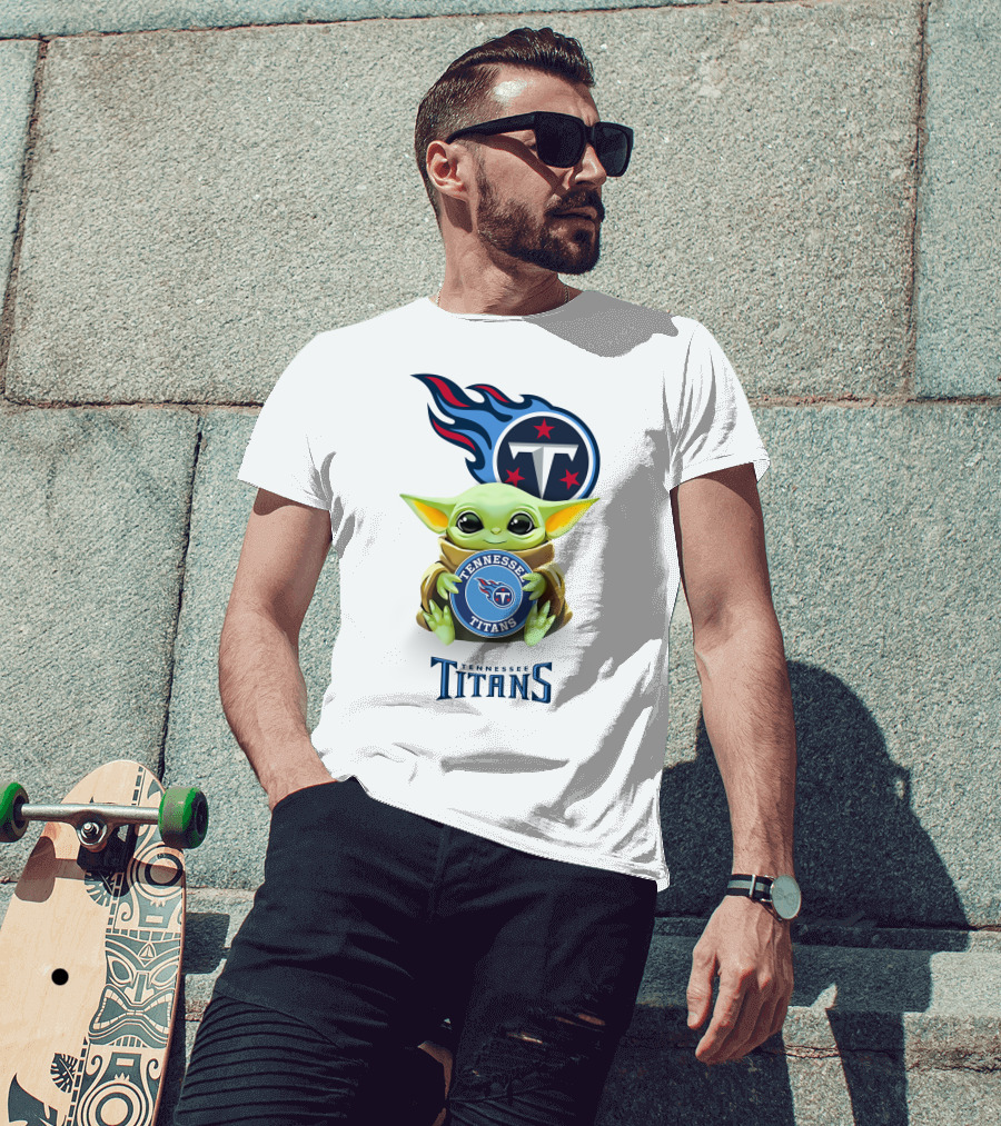 Baby Yoda Holding Tennessee Titans Emblem With Logo White T-Shirt