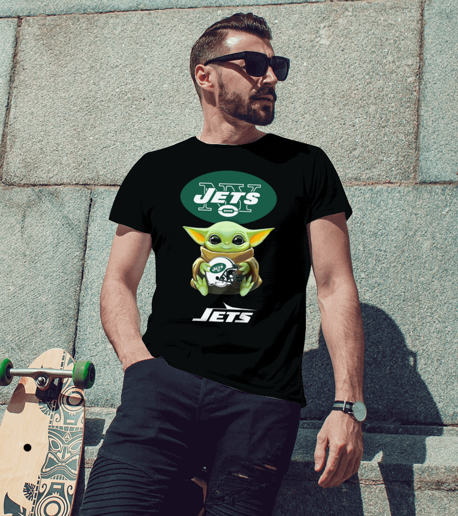 Star Wars Baby Yoda Hugging New York Jets Helmet Football T-Shirt