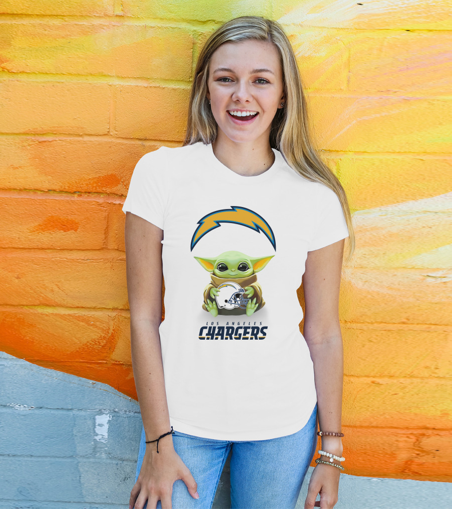 Los Angeles Chargers Star Wars Baby Yoda Hugging Helmet T-Shirt