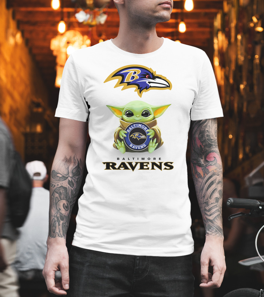 Baby Yoda Holding Baltimore Ravens Logo with Team Emblem and Name T-Shirt