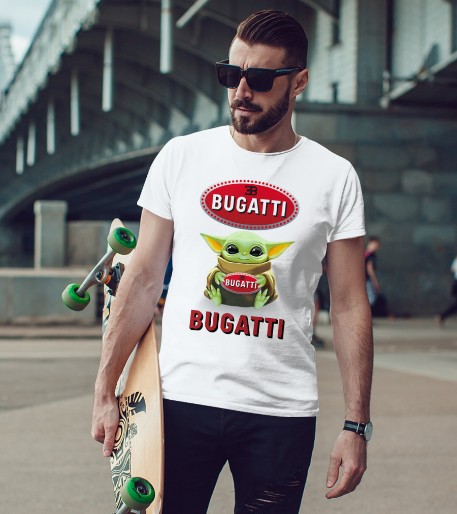 Baby Yoda Holding Bugatti Logo Emblem T-Shirt