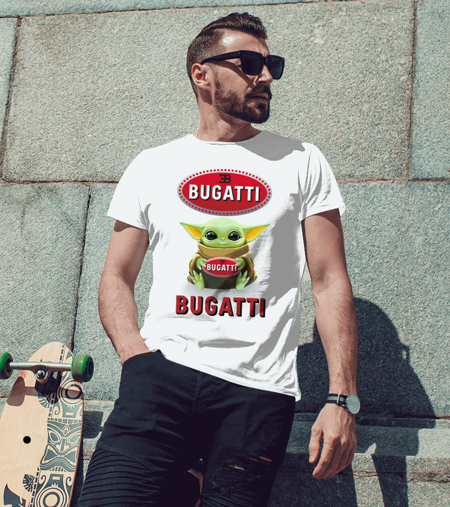 Baby Yoda Holding Bugatti Logo Emblem T-Shirt